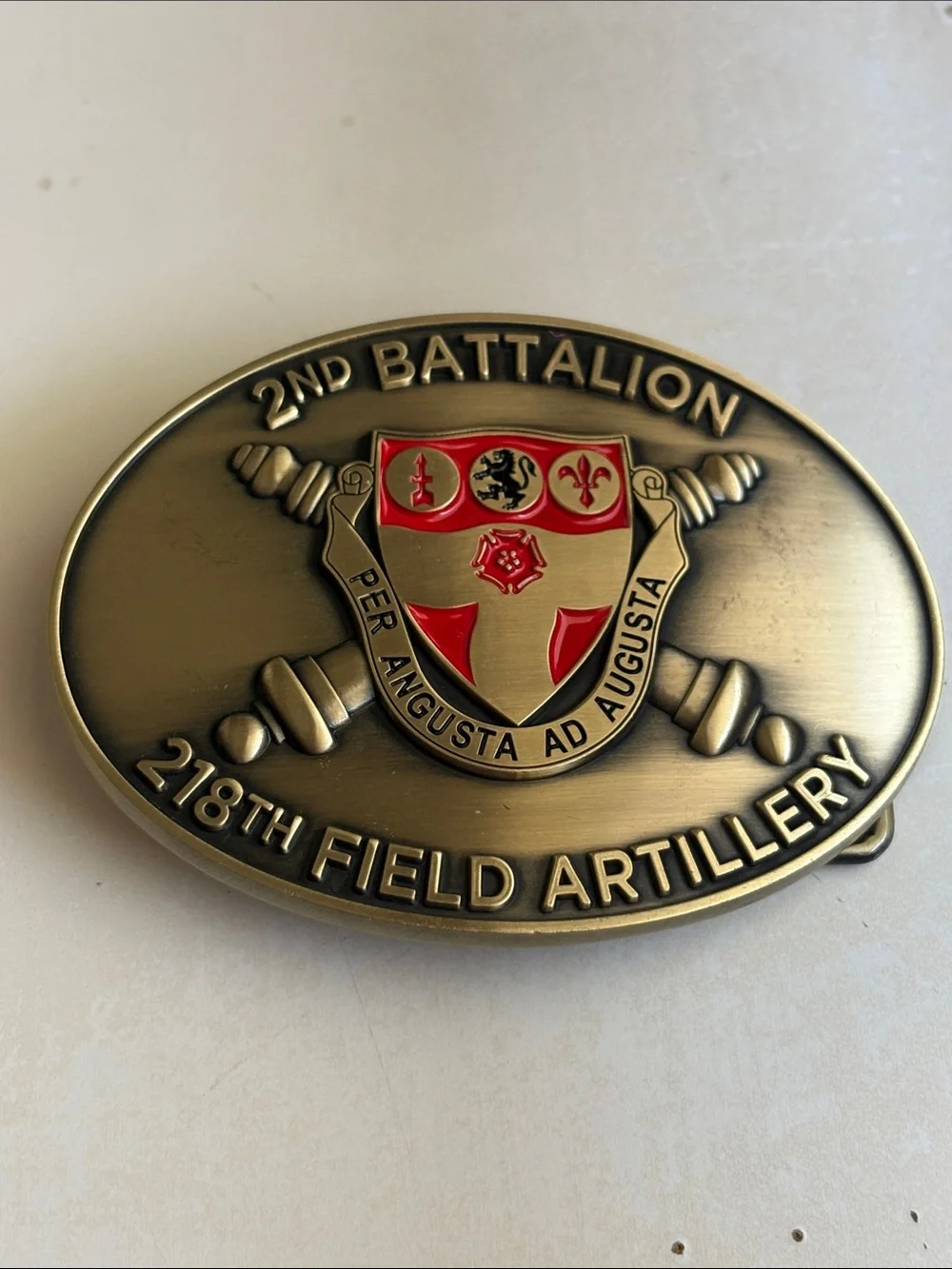 2nd Battalion 218th Field Artillery Belt Buckle - Brass with Red Accents
